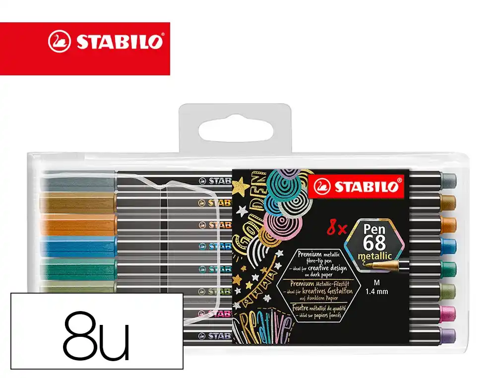 Marcador stabilo aguarelavel pen 68 metalico 1 mm estojo de 8 unidades cores sortidas.