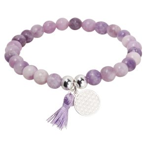 Pulseira de pedra real - "Pedras da natureza" - lepidolita - banhado a prata - flor da vida