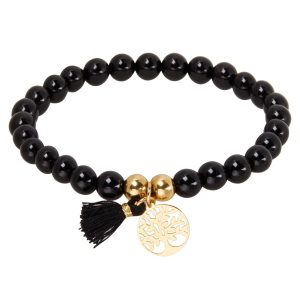 Pulseira de pedra real - "Pedras da natureza" - ágata de cor preta - banhada a ouro - árvore da vida