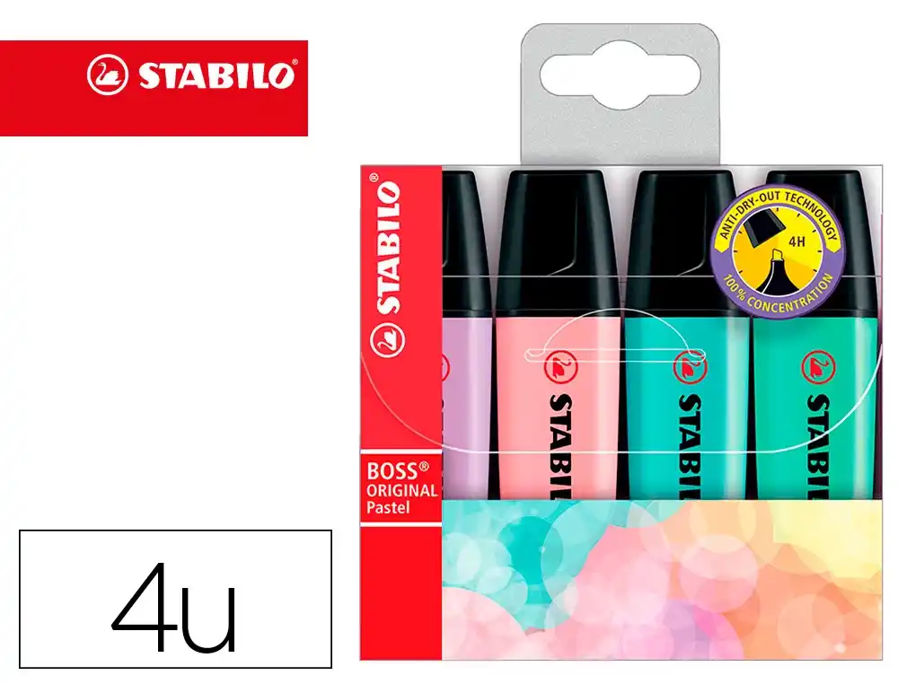 Marcador fluorescente stabilo boss 70 pastel estojo de 4 unidades sortidas.