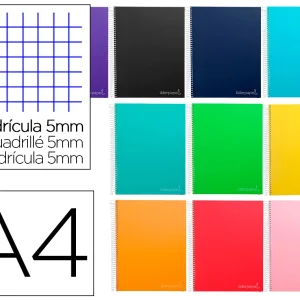CADERNO ESPIRAL LIDERPAPEL DIN A4 JOLLY CAPA DURA 140 F 75 GR QUADRICOLADO 5 BANDAS DE CORES 4 FUROS CORES SORTIDAS