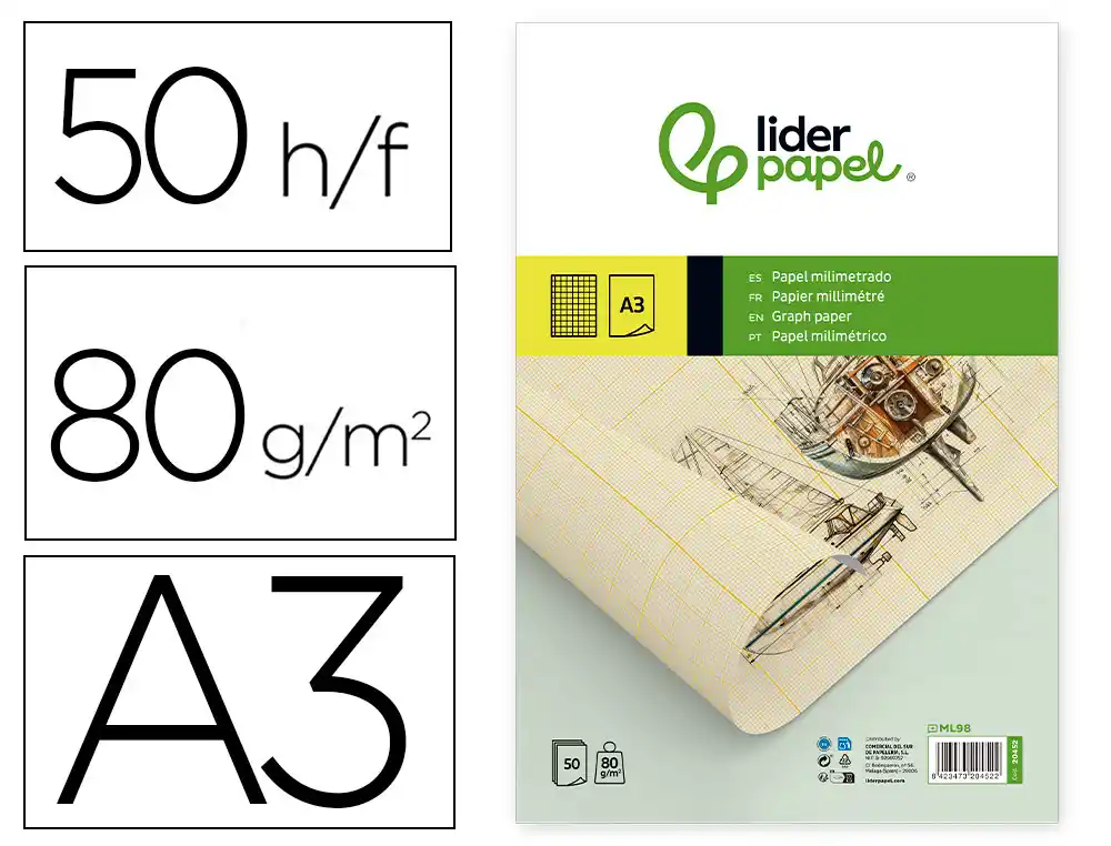 BLOCO PAPEL MILIMETRICO LIDERPAPEL DIN A3 50 FOLHAS 80 GR